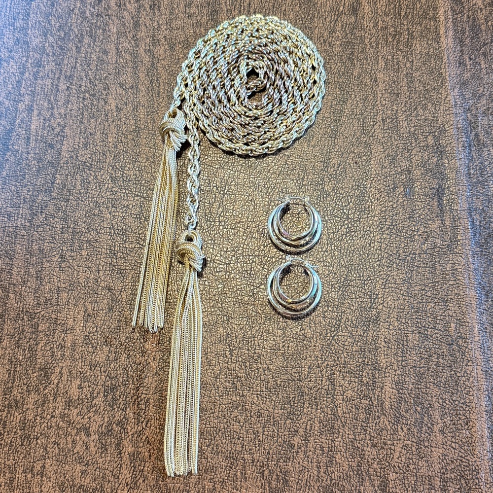 Elegant gold Tone Rope Tassel Necklace with Hoop Earrings Set